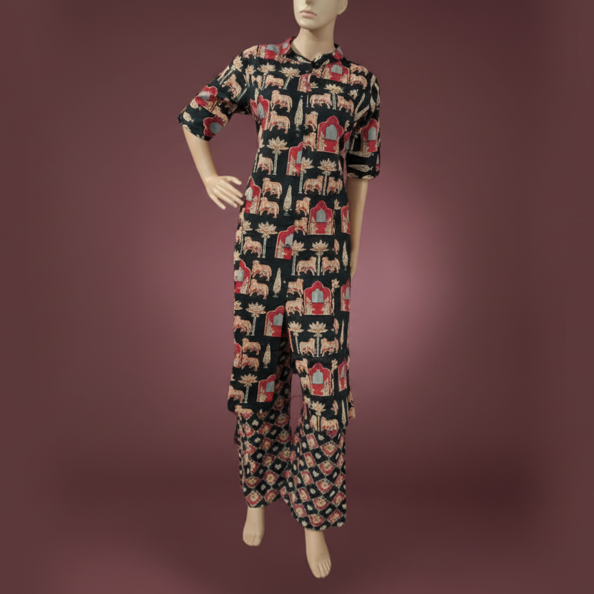 "Blue Pichwai Cow Print Kurta Set for Women – Neel Kamdhenu Long Co-Ord Set"