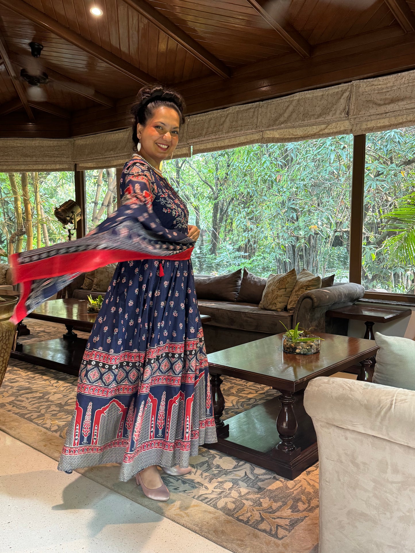 Flared Anarkali Suit in Cotton with Ethnic Print – Noor Navy