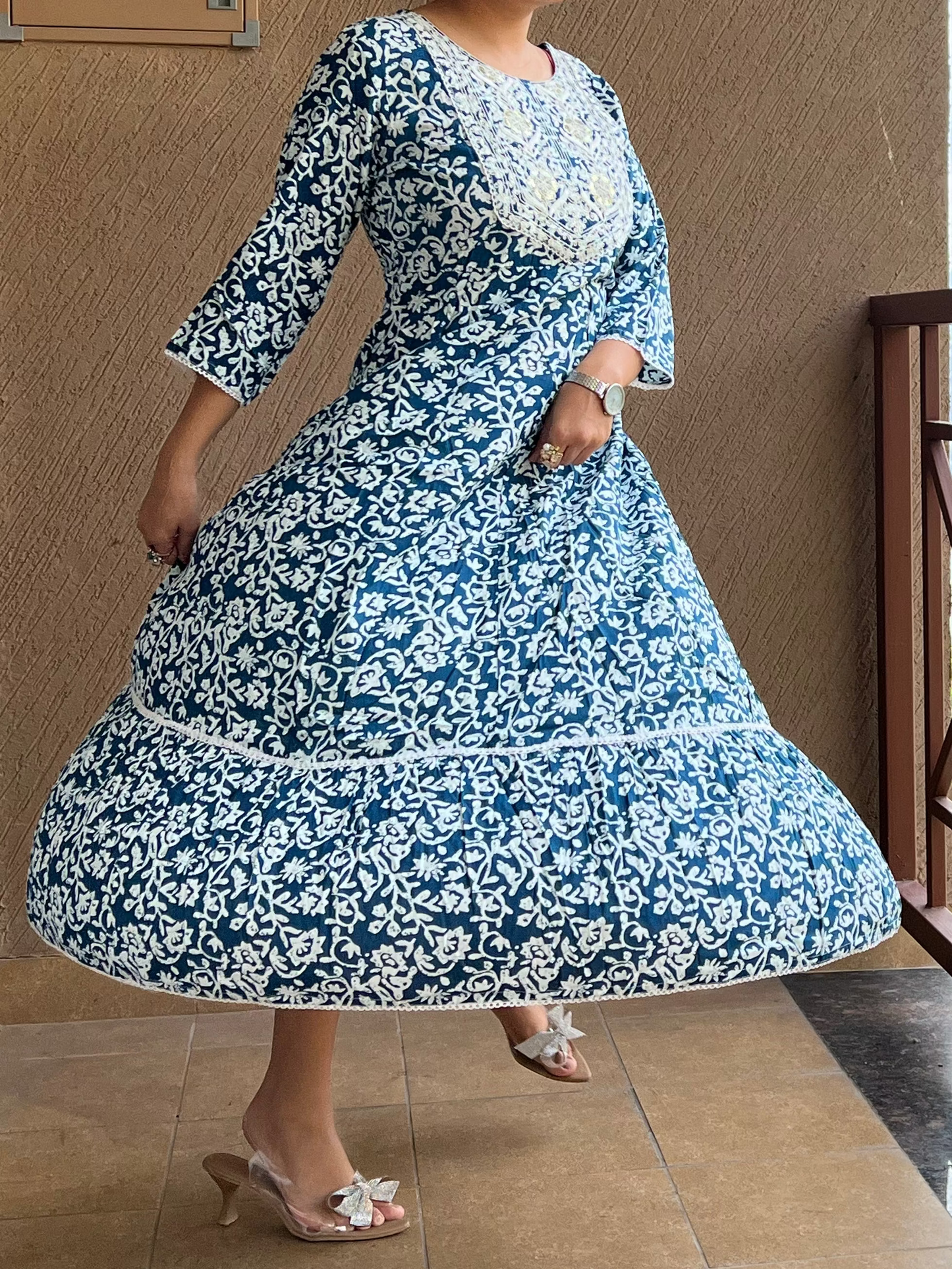 Floral Flared Anarkali in Cotton – Naira Blue