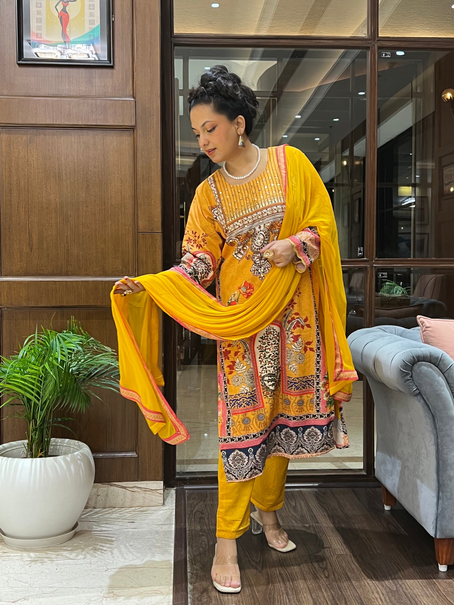 Mustard Yellow Printed Kurta Set in Cotton – Gulzar