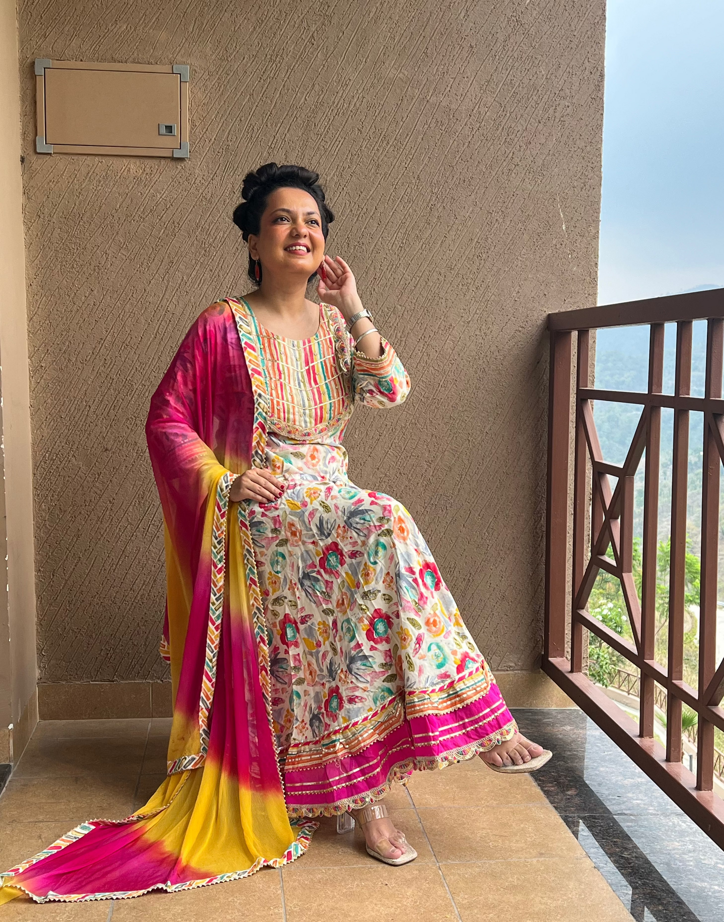 White Floral Anarkali with Dupatta – Phoolwari Joy