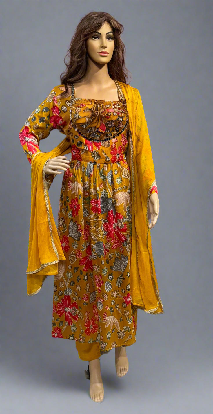 Mustard Floral Aaliya-Cut with Dupatta – Kamala Bloom Aaliya