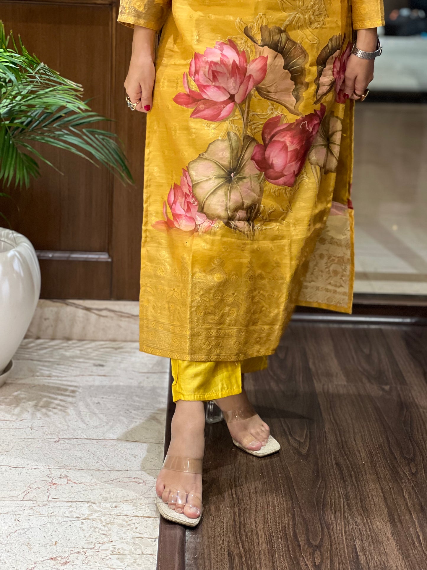 Mustard Yellow Floral Kurta in Cotton Silk – Kamala Gold