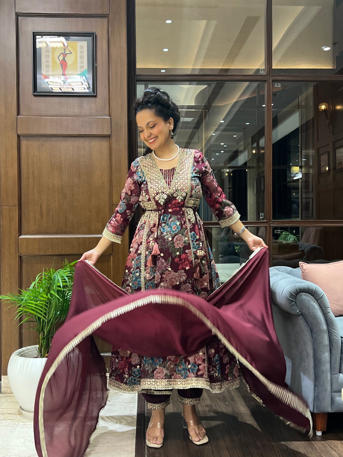 Wine Floral Anarkali Suit Set for Women – Zoya Merlot