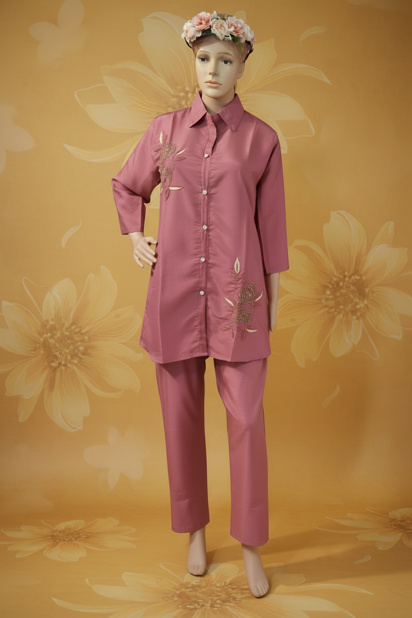 "Rose Pink Embroidered Co-ord Set for Women – Rosé Ira "