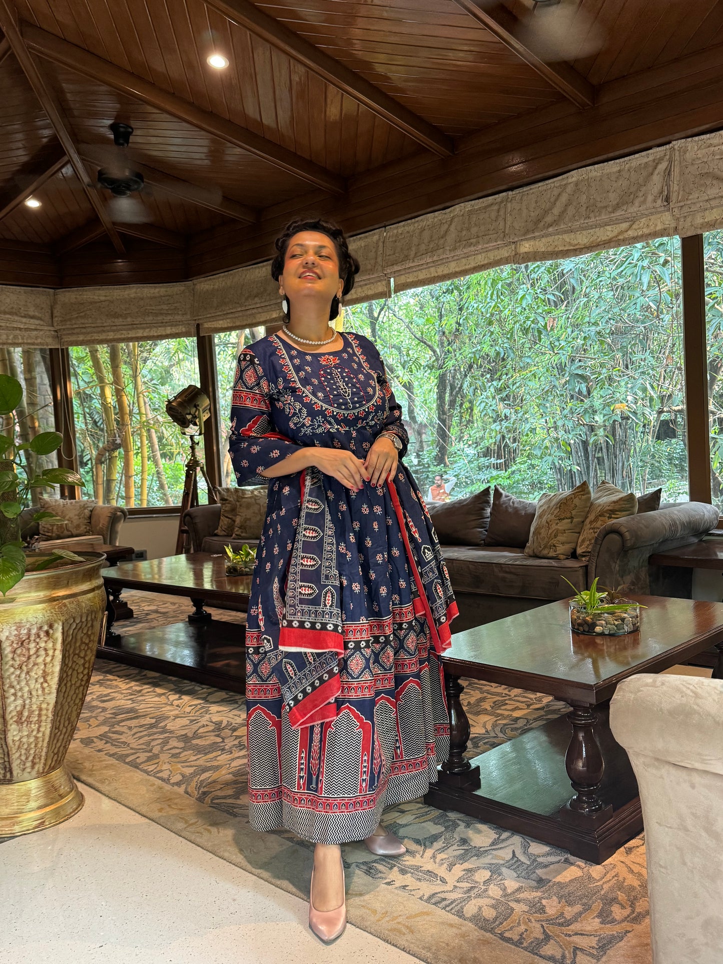 Flared Anarkali Suit in Cotton with Ethnic Print – Noor Navy