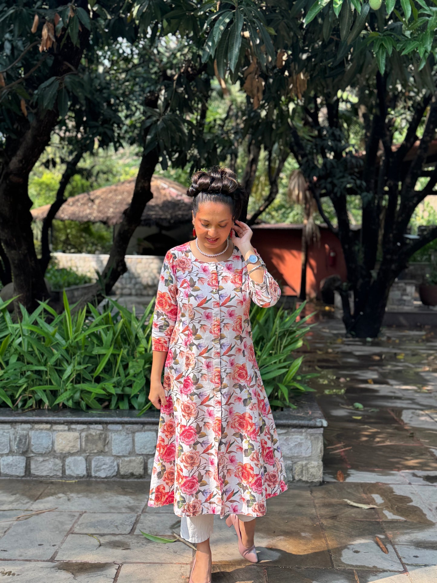 Floral Print Straight Kurta Set in Cotton – Rosé Bloom