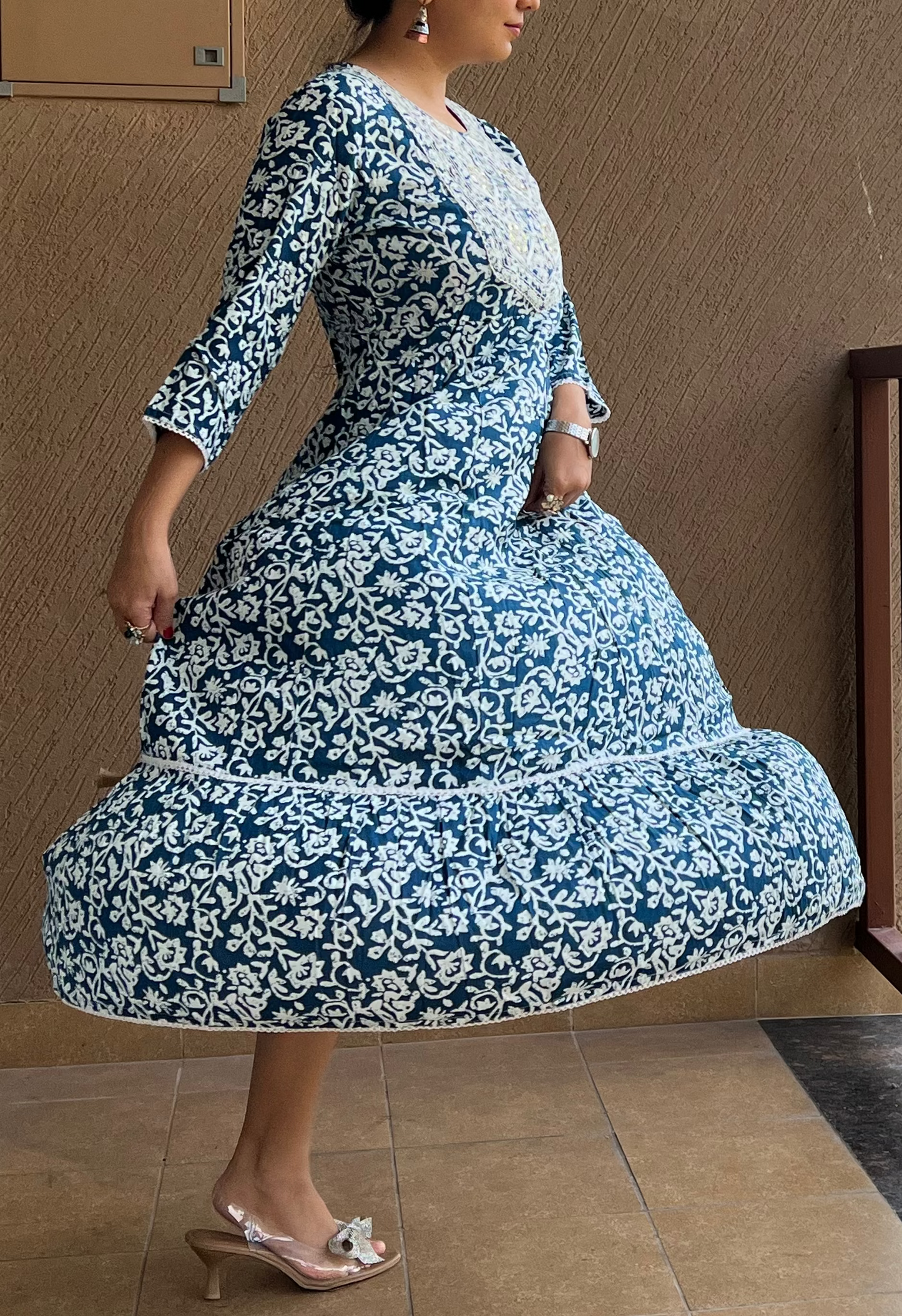 Floral Flared Anarkali in Cotton – Naira Blue