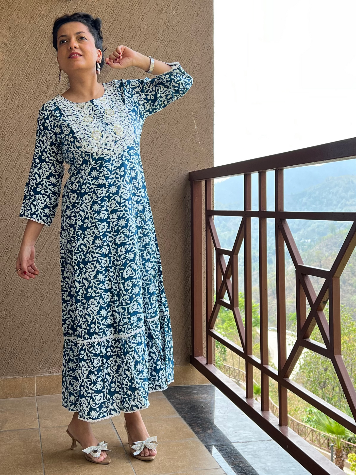 Floral Flared Anarkali in Cotton – Naira Blue