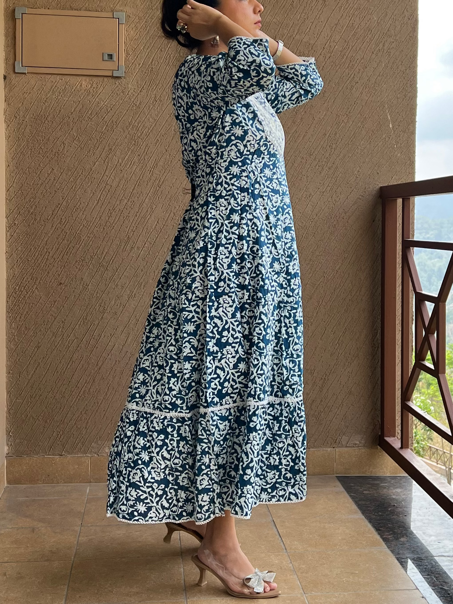 Floral Flared Anarkali in Cotton – Naira Blue