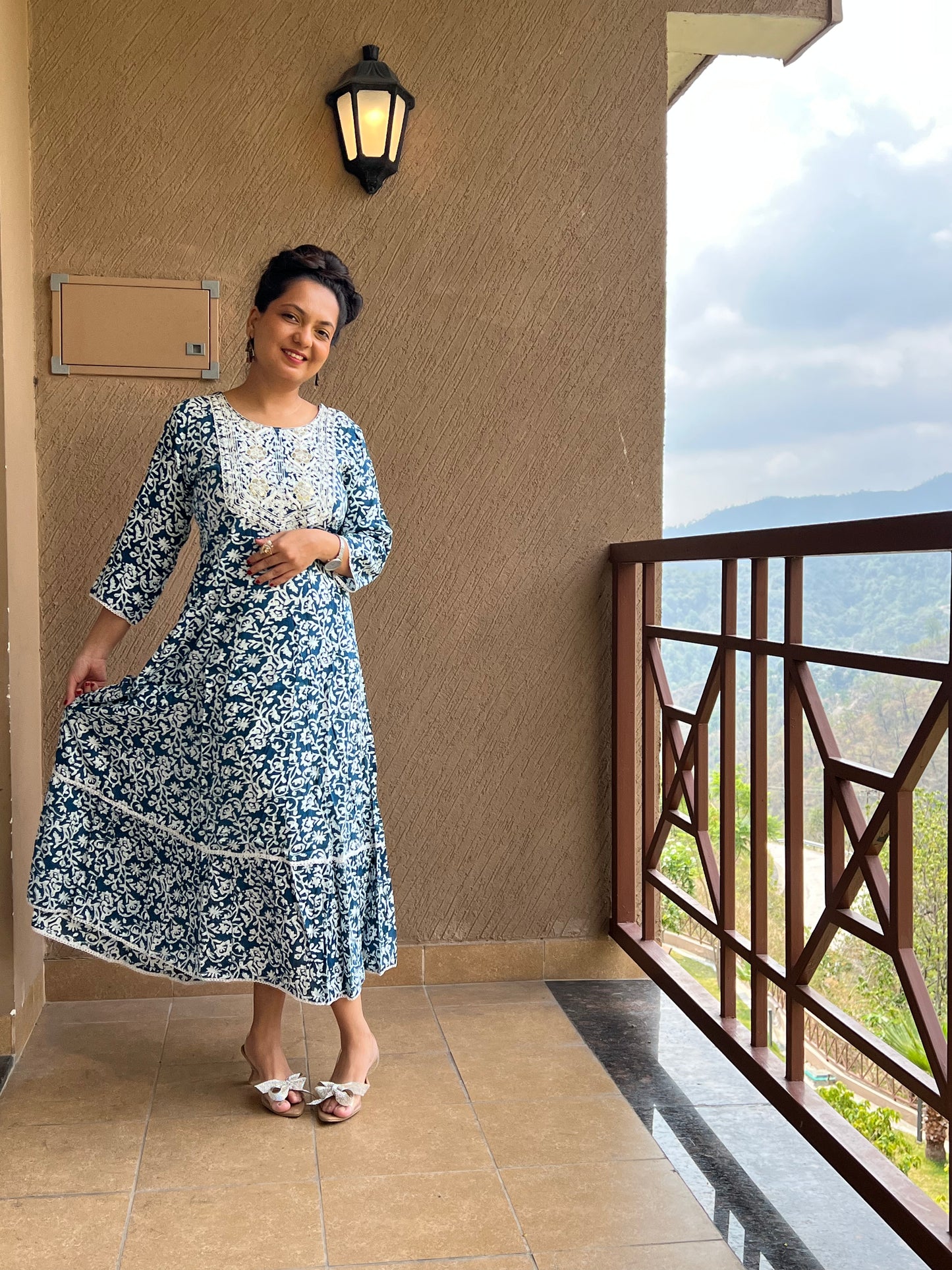 Floral Flared Anarkali in Cotton – Naira Blue