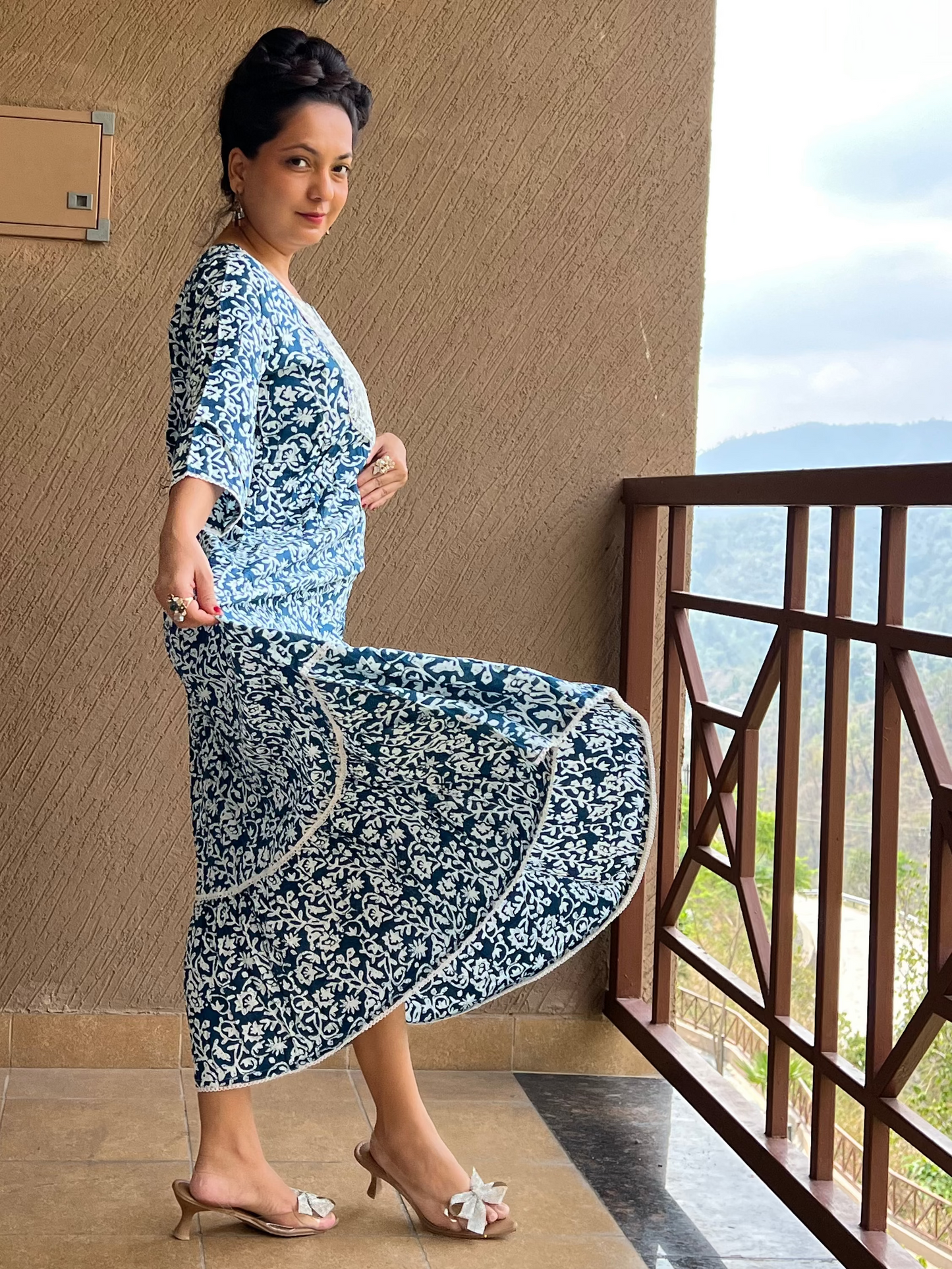 Floral Flared Anarkali in Cotton – Naira Blue