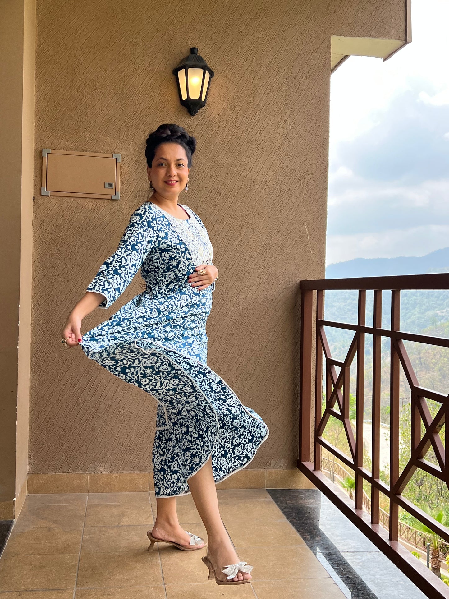 Floral Flared Anarkali in Cotton – Naira Blue
