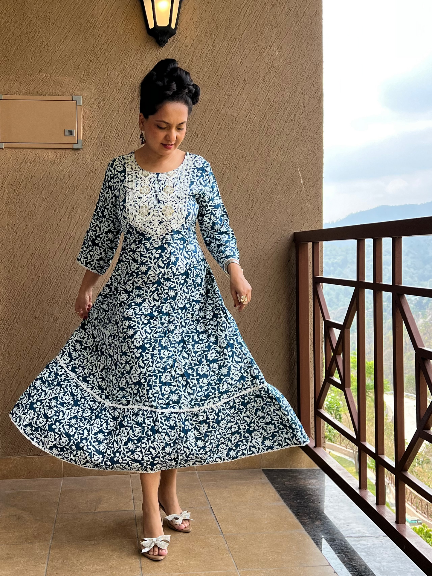 Floral Flared Anarkali in Cotton – Naira Blue