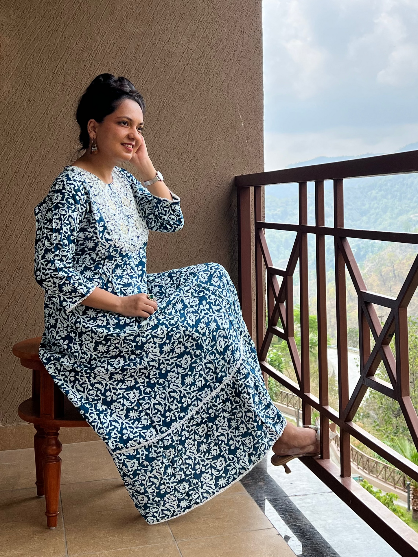 Floral Flared Anarkali in Cotton – Naira Blue