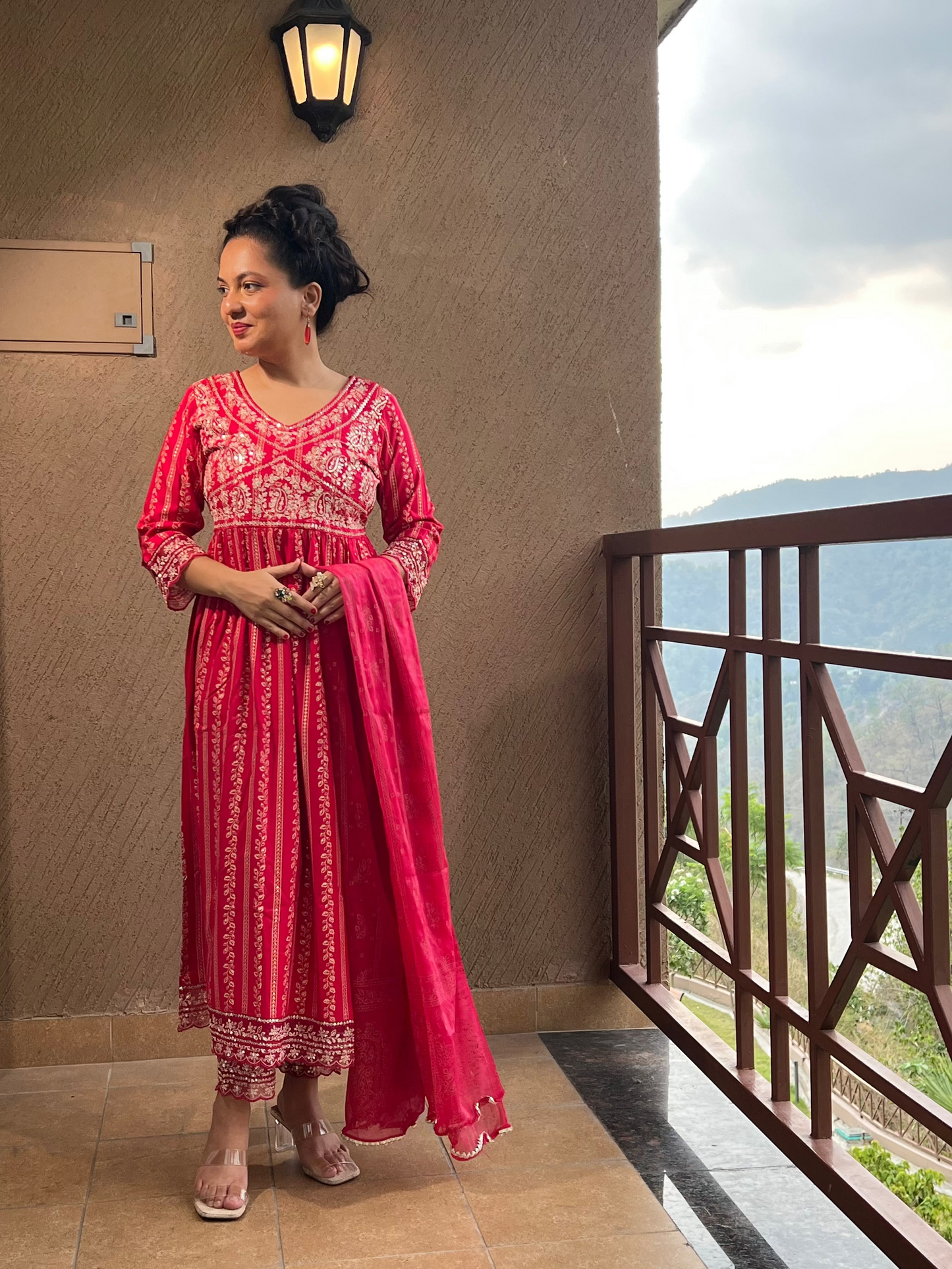 "Red Printed Anarkali Suit with Dupatta – Laal Noor "