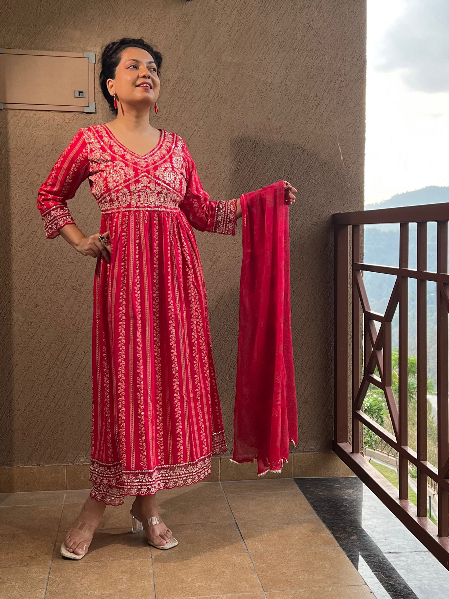 "Red Printed Anarkali Suit with Dupatta – Laal Noor "