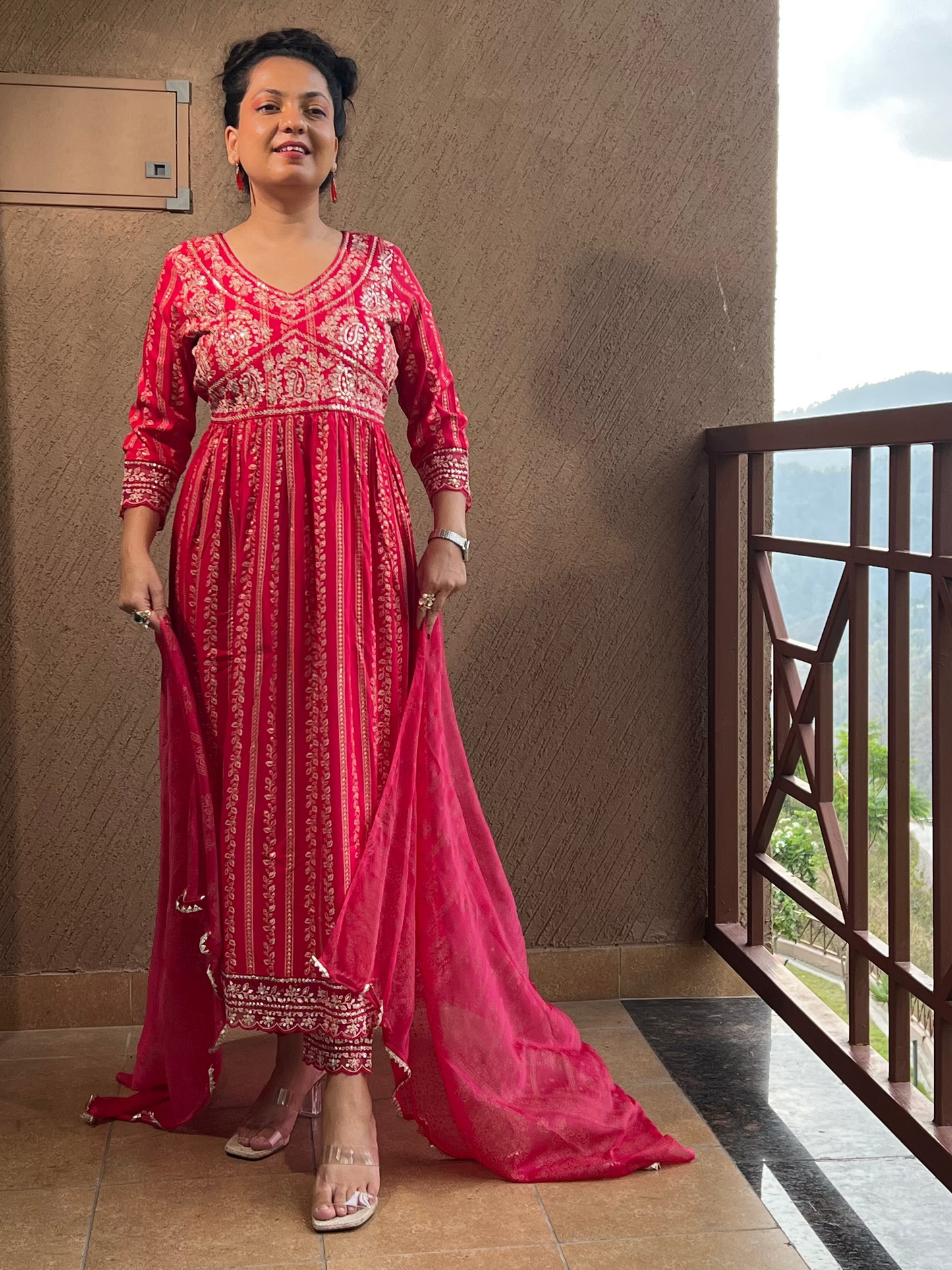 "Red Printed Anarkali Suit with Dupatta – Laal Noor "