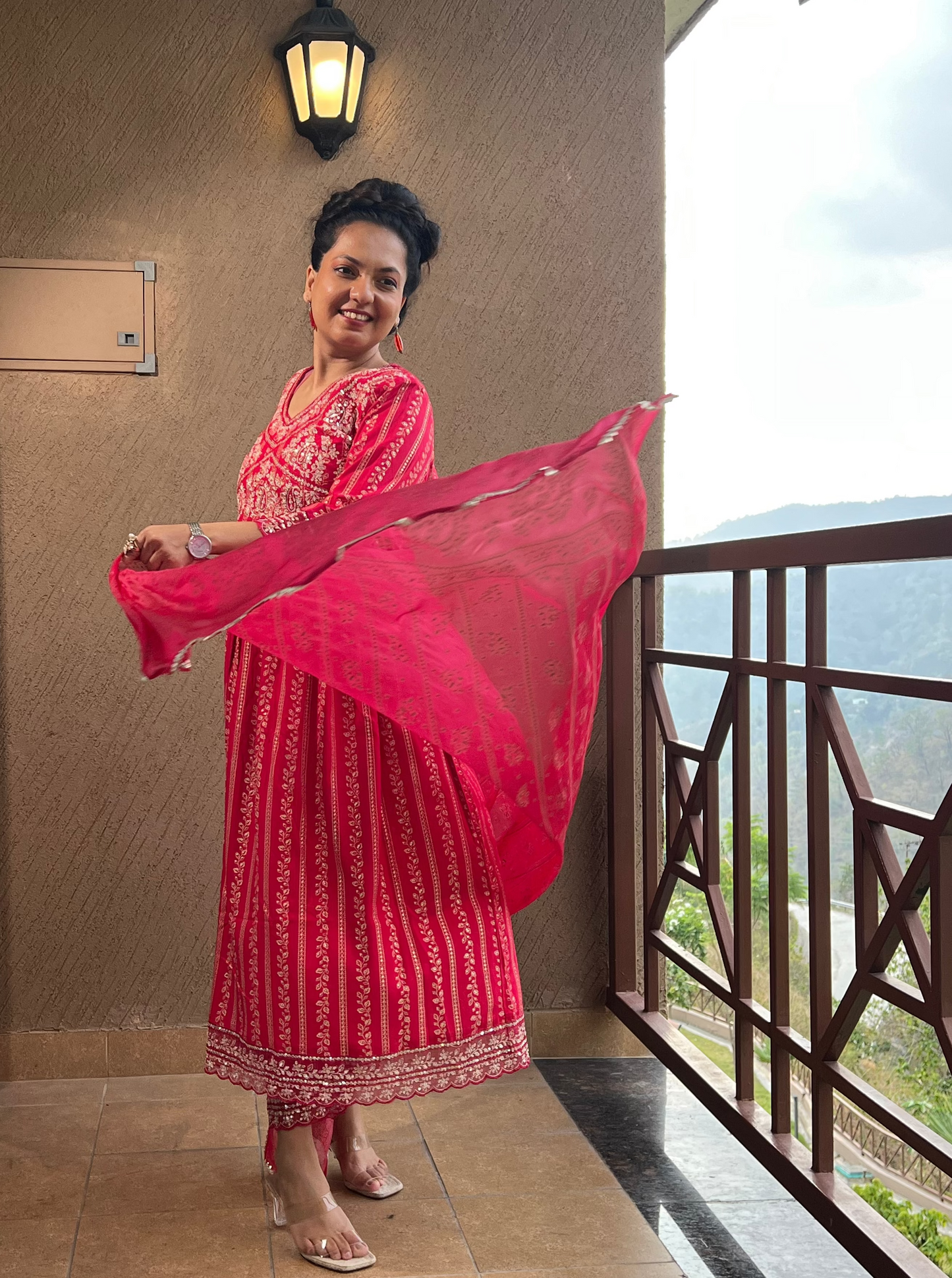 "Red Printed Anarkali Suit with Dupatta – Laal Noor "