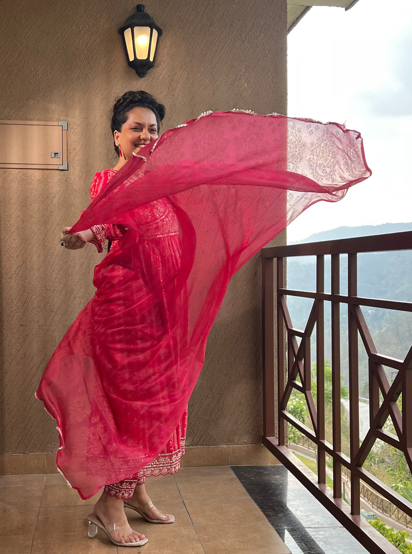 "Red Printed Anarkali Suit with Dupatta – Laal Noor "