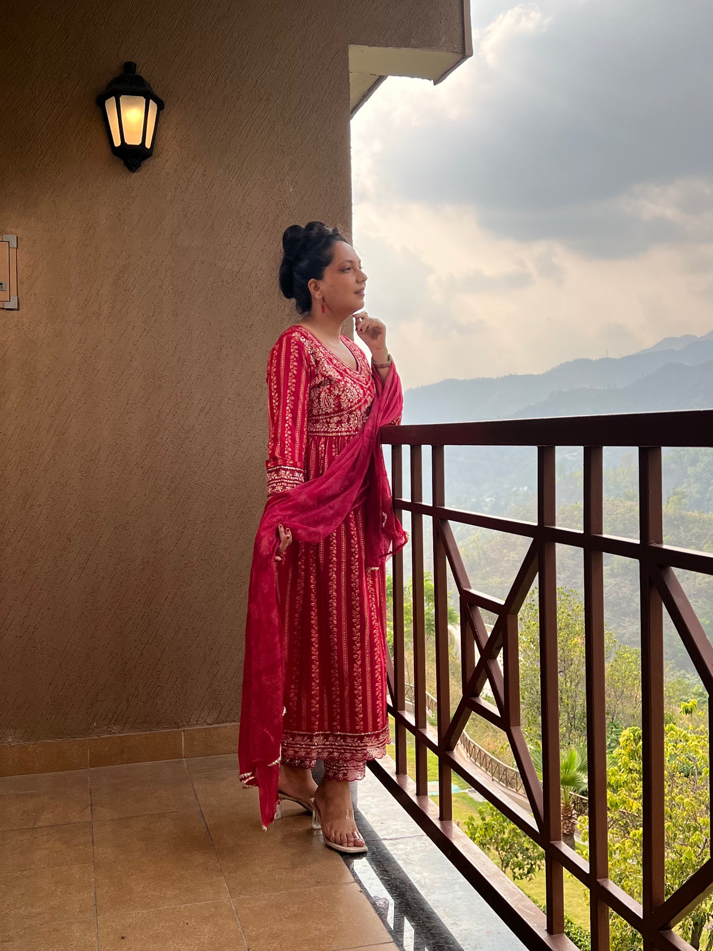 "Red Printed Anarkali Suit with Dupatta – Laal Noor "