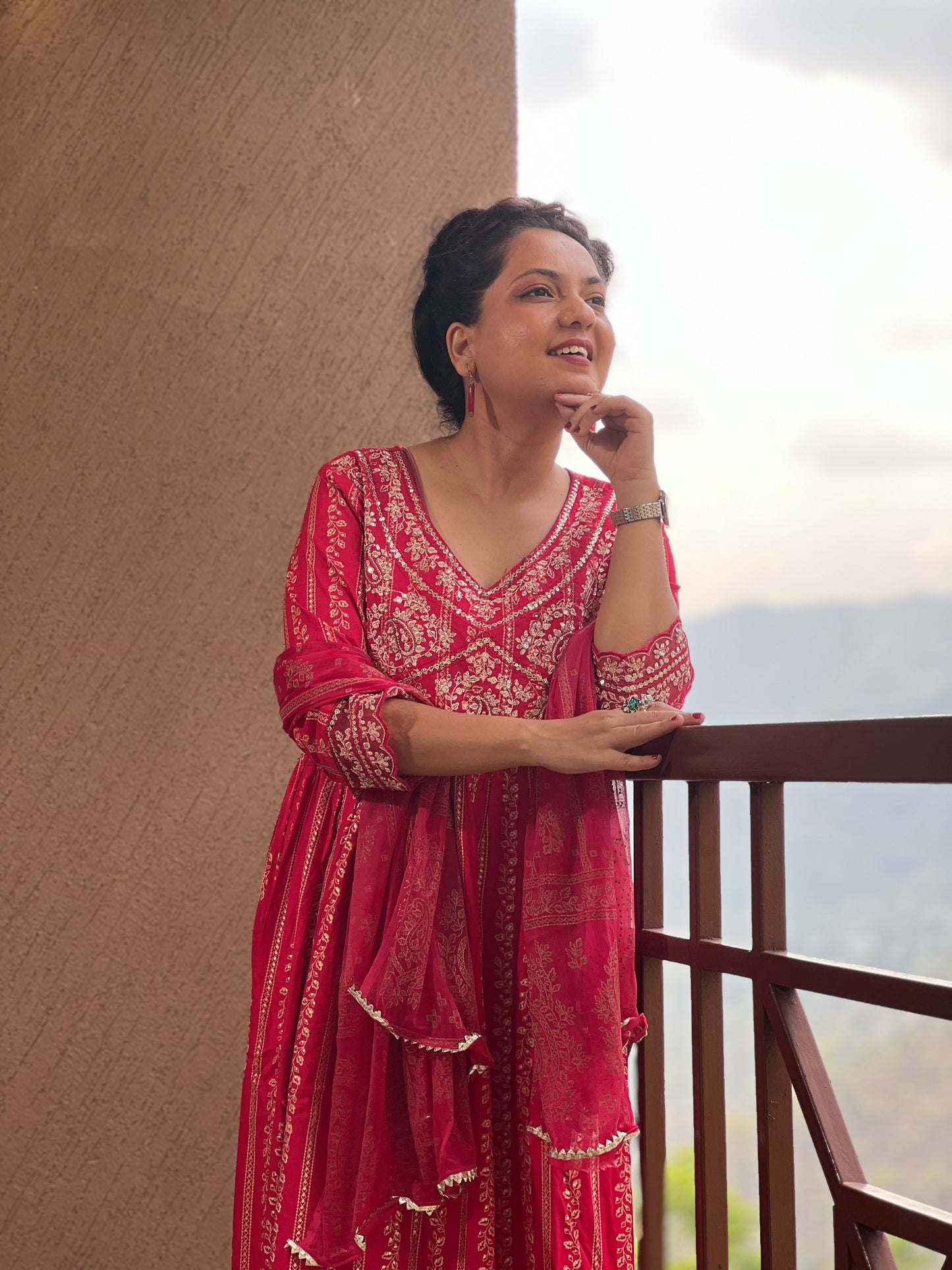 "Red Printed Anarkali Suit with Dupatta – Laal Noor "