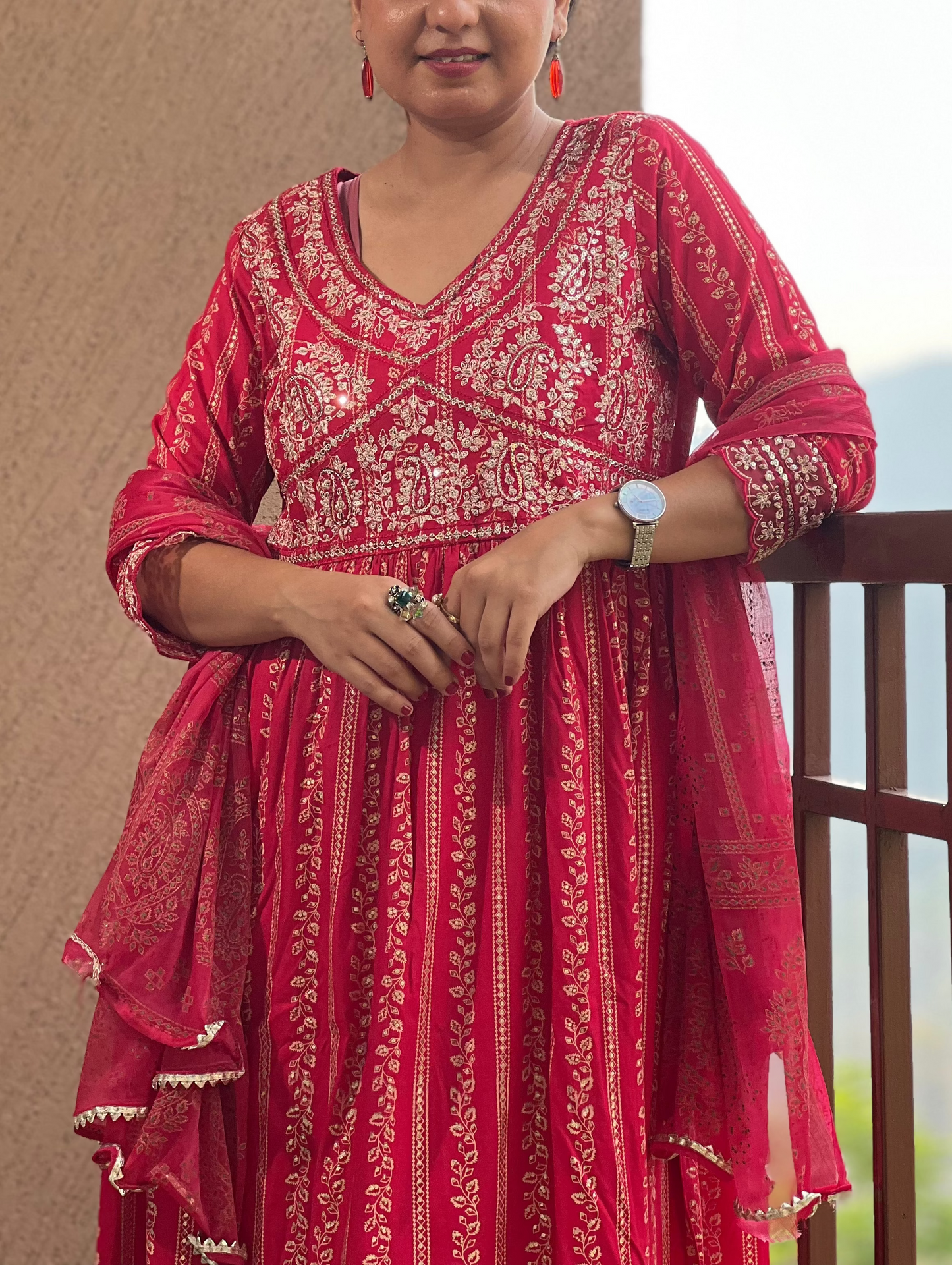 "Red Printed Anarkali Suit with Dupatta – Laal Noor "