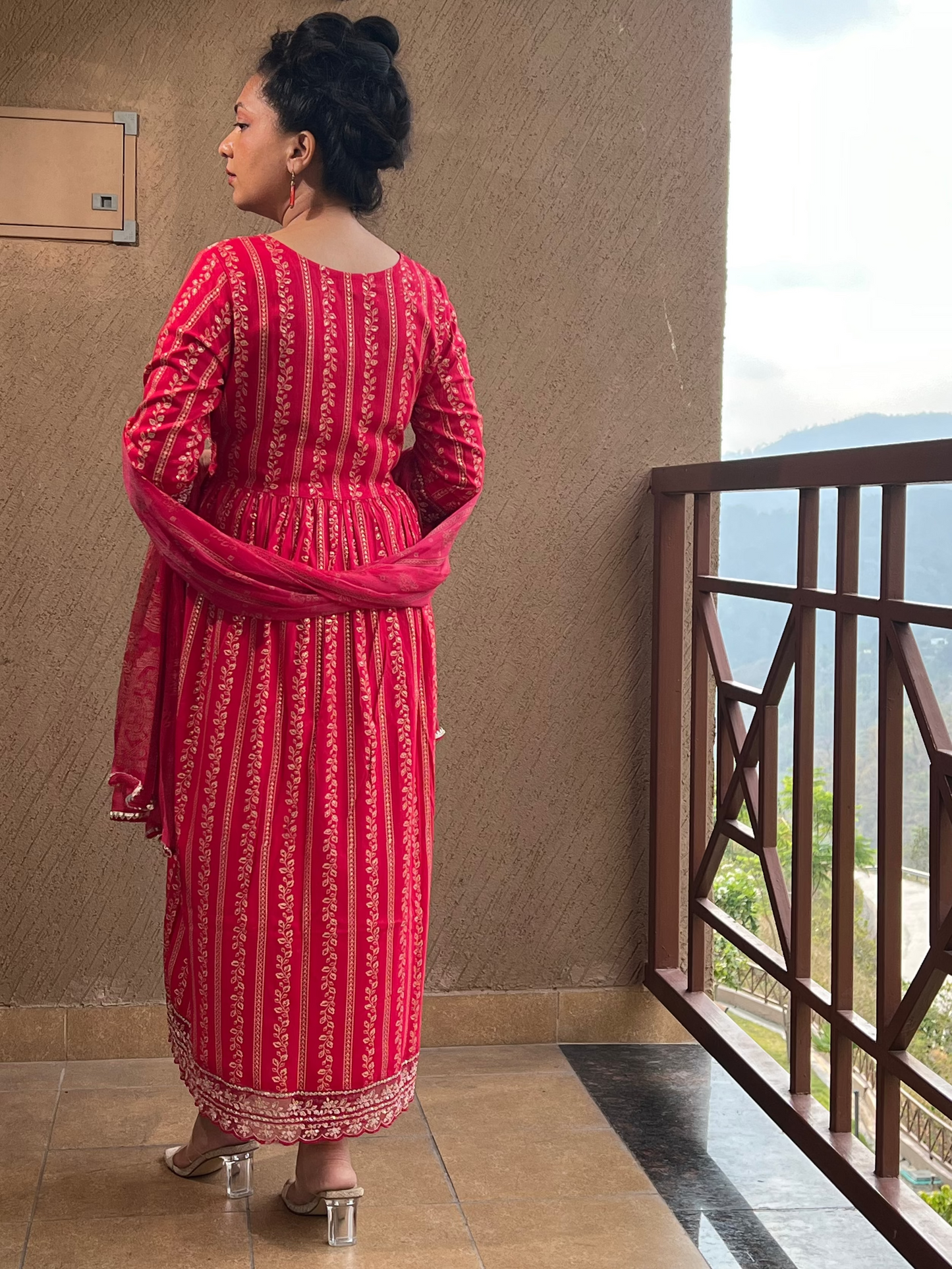 "Red Printed Anarkali Suit with Dupatta – Laal Noor "