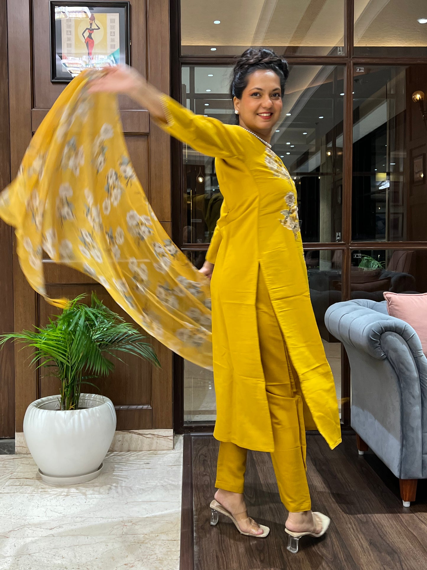 Gulzar Mustard Embroidered Kurta Set with Dupatta