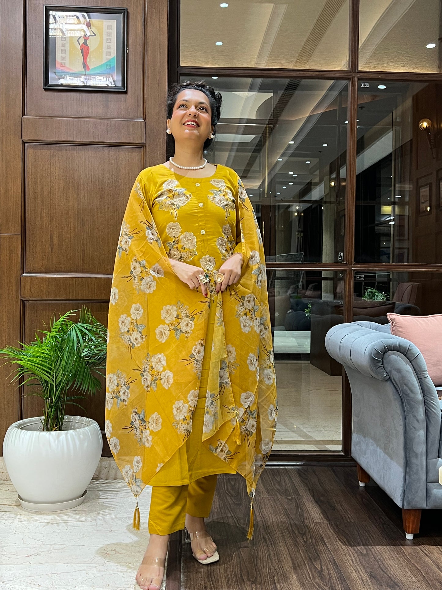 Gulzar Mustard Embroidered Kurta Set with Dupatta