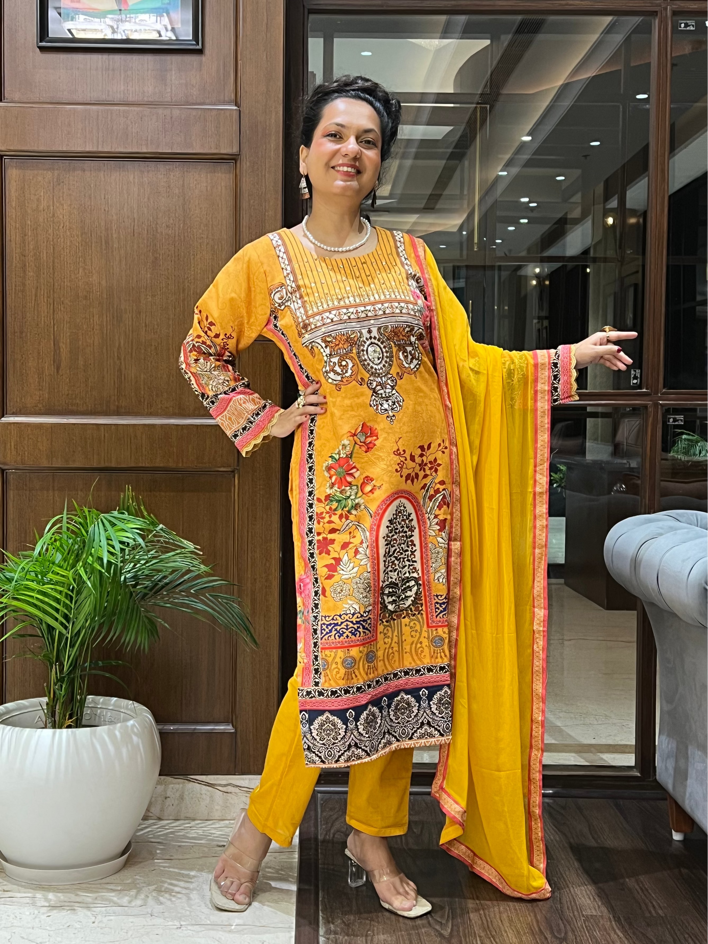 Mustard Yellow Printed Kurta Set in Cotton – Gulzar