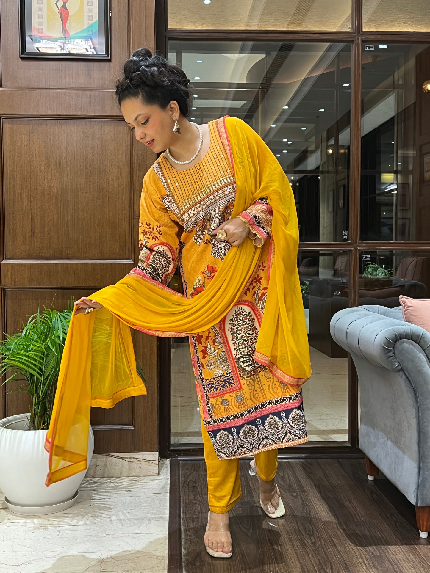 Mustard Yellow Printed Kurta Set in Cotton – Gulzar