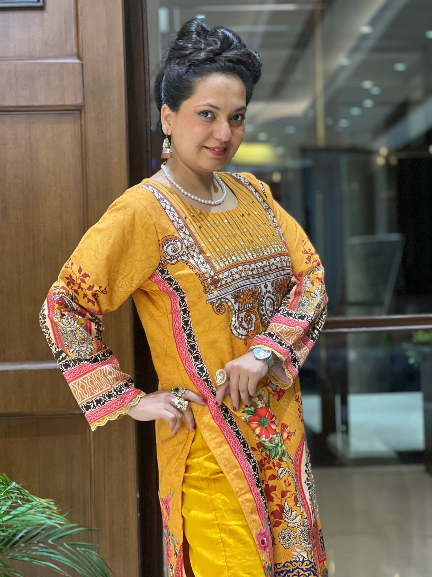 Mustard Yellow Printed Kurta Set in Cotton – Gulzar