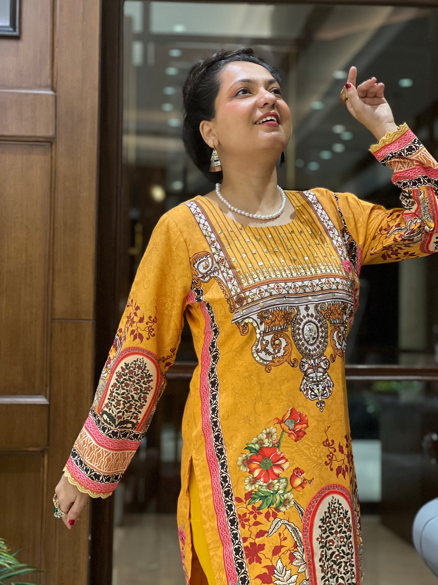 Mustard Yellow Printed Kurta Set in Cotton – Gulzar