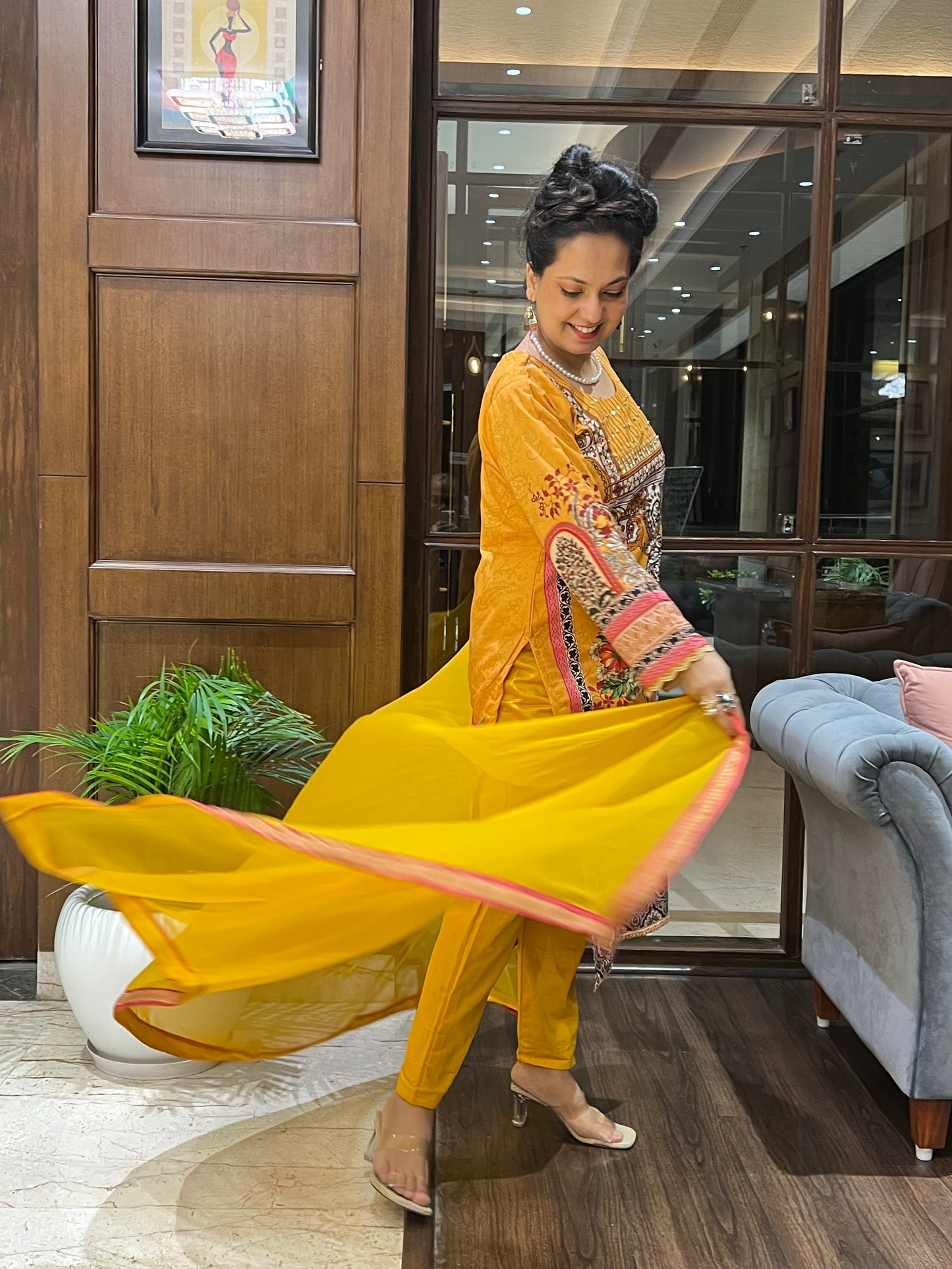 Mustard Yellow Printed Kurta Set in Cotton – Gulzar