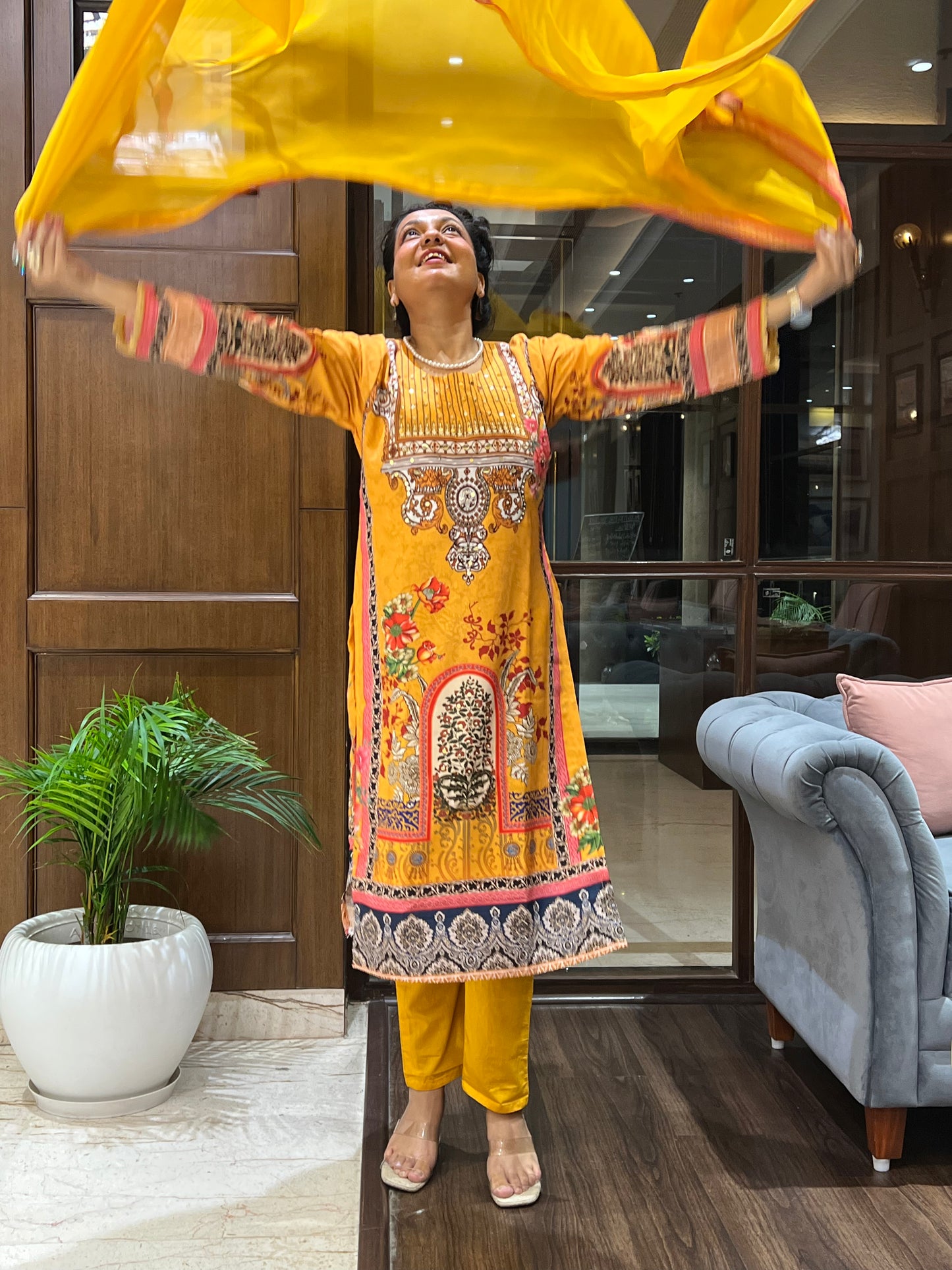 Mustard Yellow Printed Kurta Set in Cotton – Gulzar