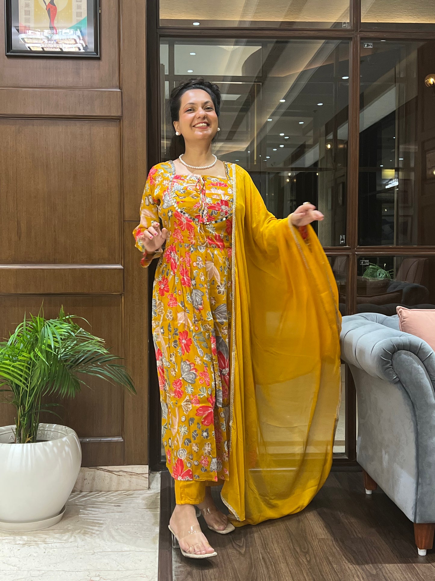 Mustard Floral Aaliya-Cut with Dupatta – Kamala Bloom Aaliya