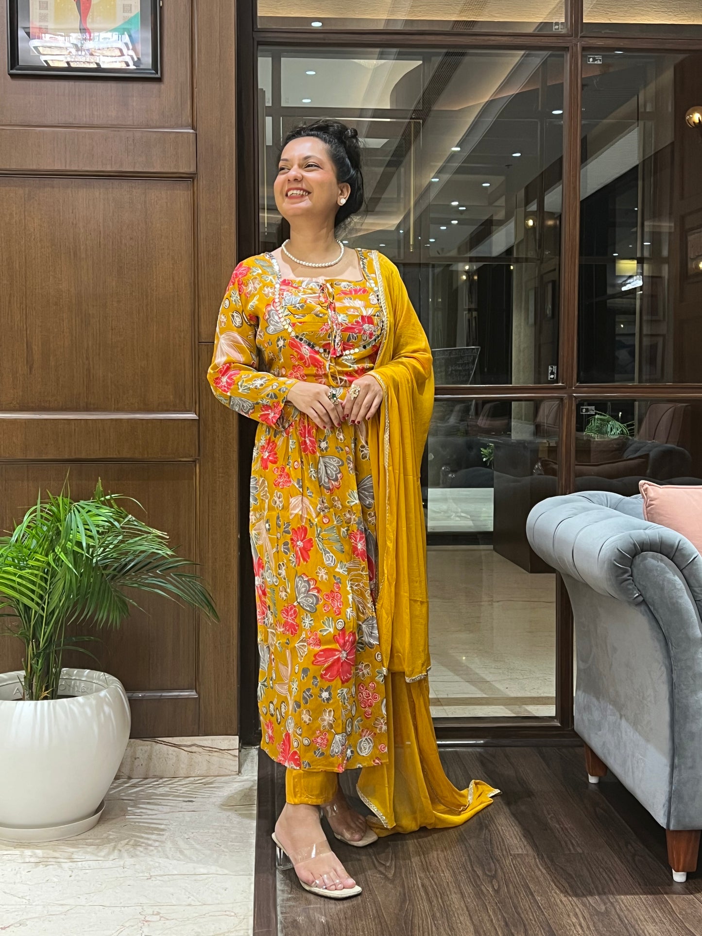 Mustard Floral Aaliya-Cut with Dupatta – Kamala Bloom Aaliya