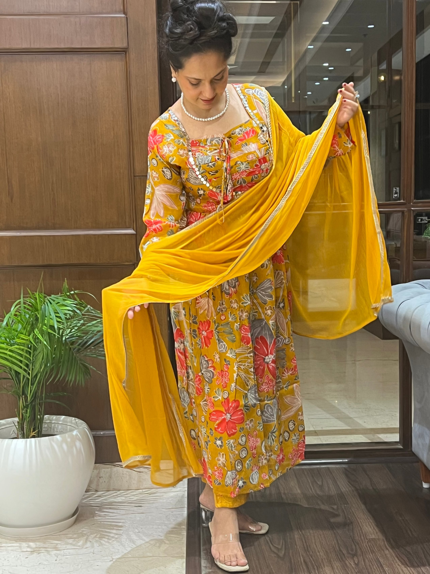 Mustard Floral Aaliya-Cut with Dupatta – Kamala Bloom Aaliya