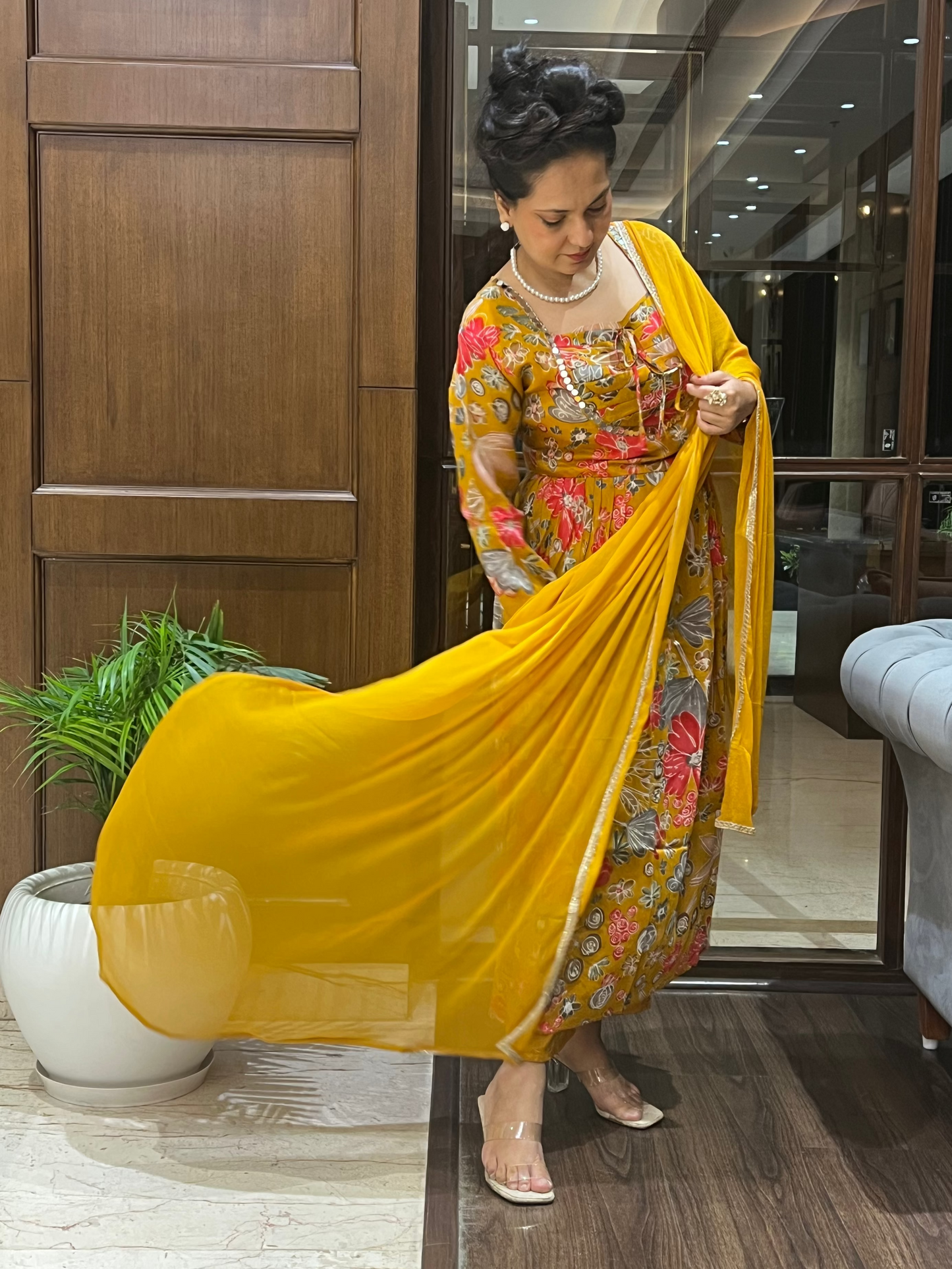 Mustard Floral Aaliya-Cut with Dupatta – Kamala Bloom Aaliya