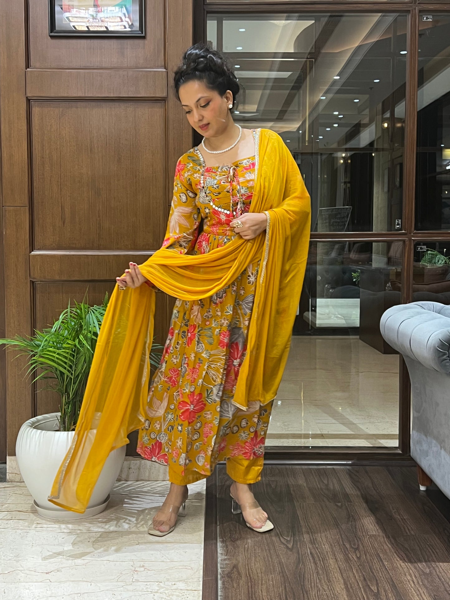 Mustard Floral Aaliya-Cut with Dupatta – Kamala Bloom Aaliya