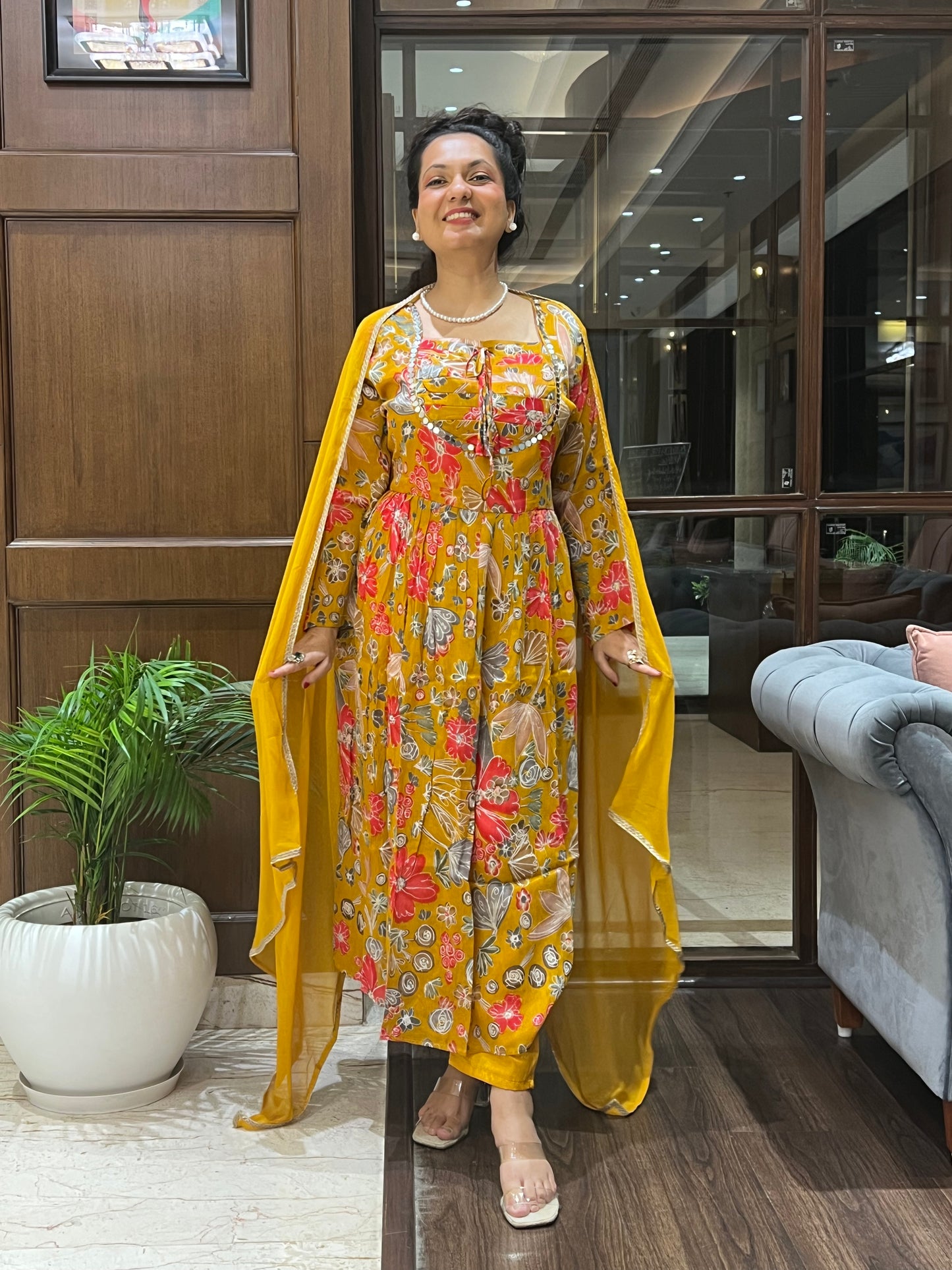 Mustard Floral Aaliya-Cut with Dupatta – Kamala Bloom Aaliya