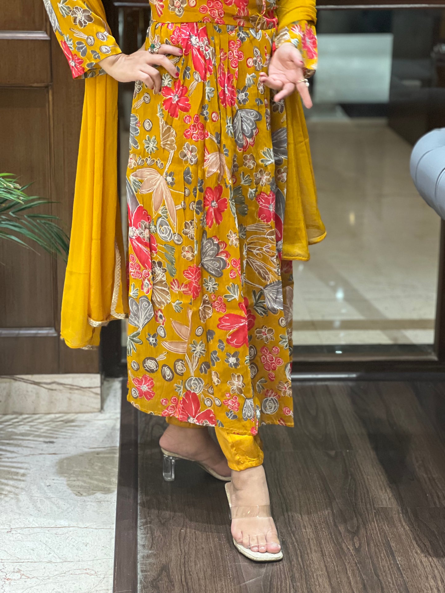 Mustard Floral Aaliya-Cut with Dupatta – Kamala Bloom Aaliya