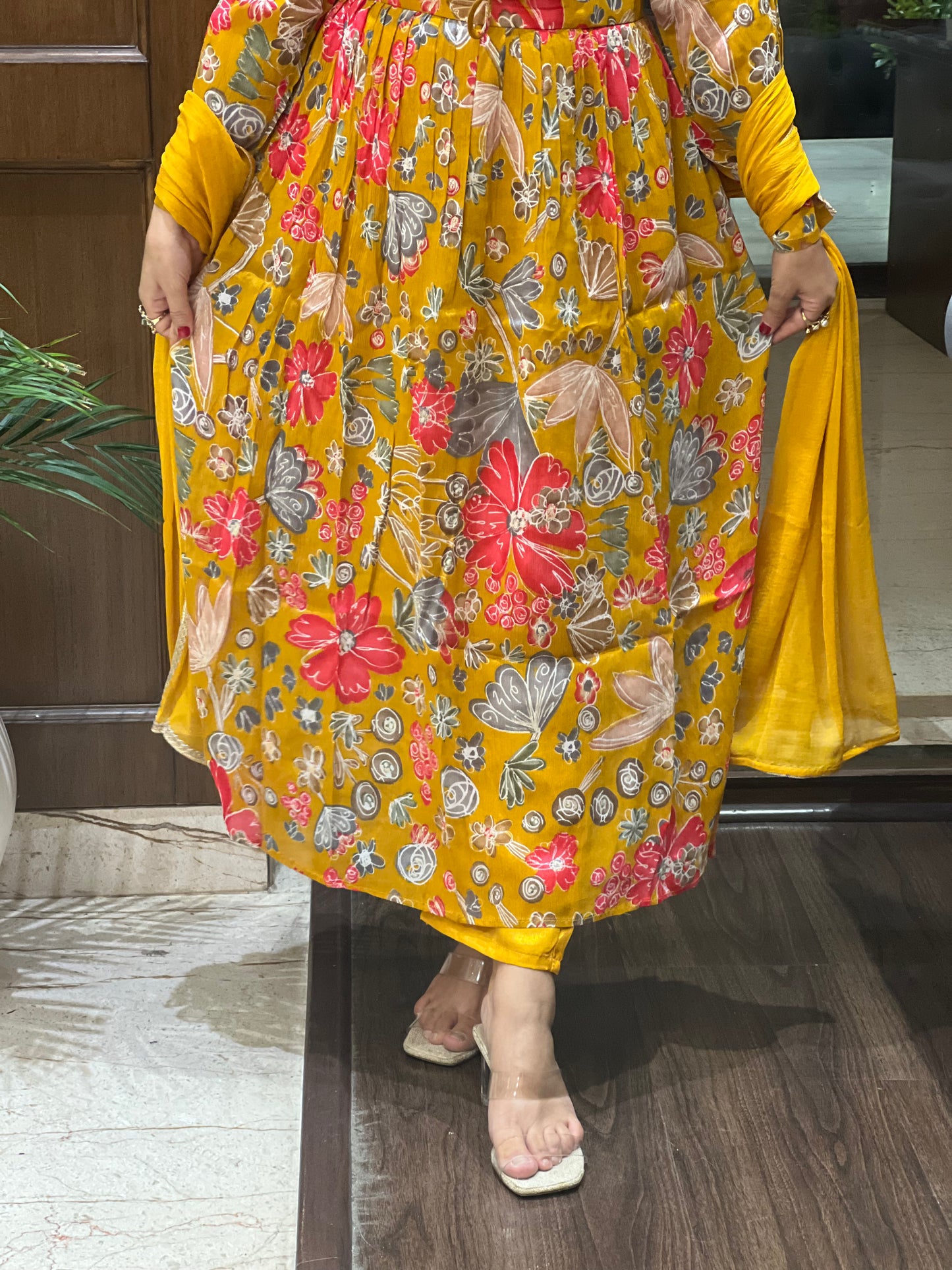 Mustard Floral Aaliya-Cut with Dupatta – Kamala Bloom Aaliya