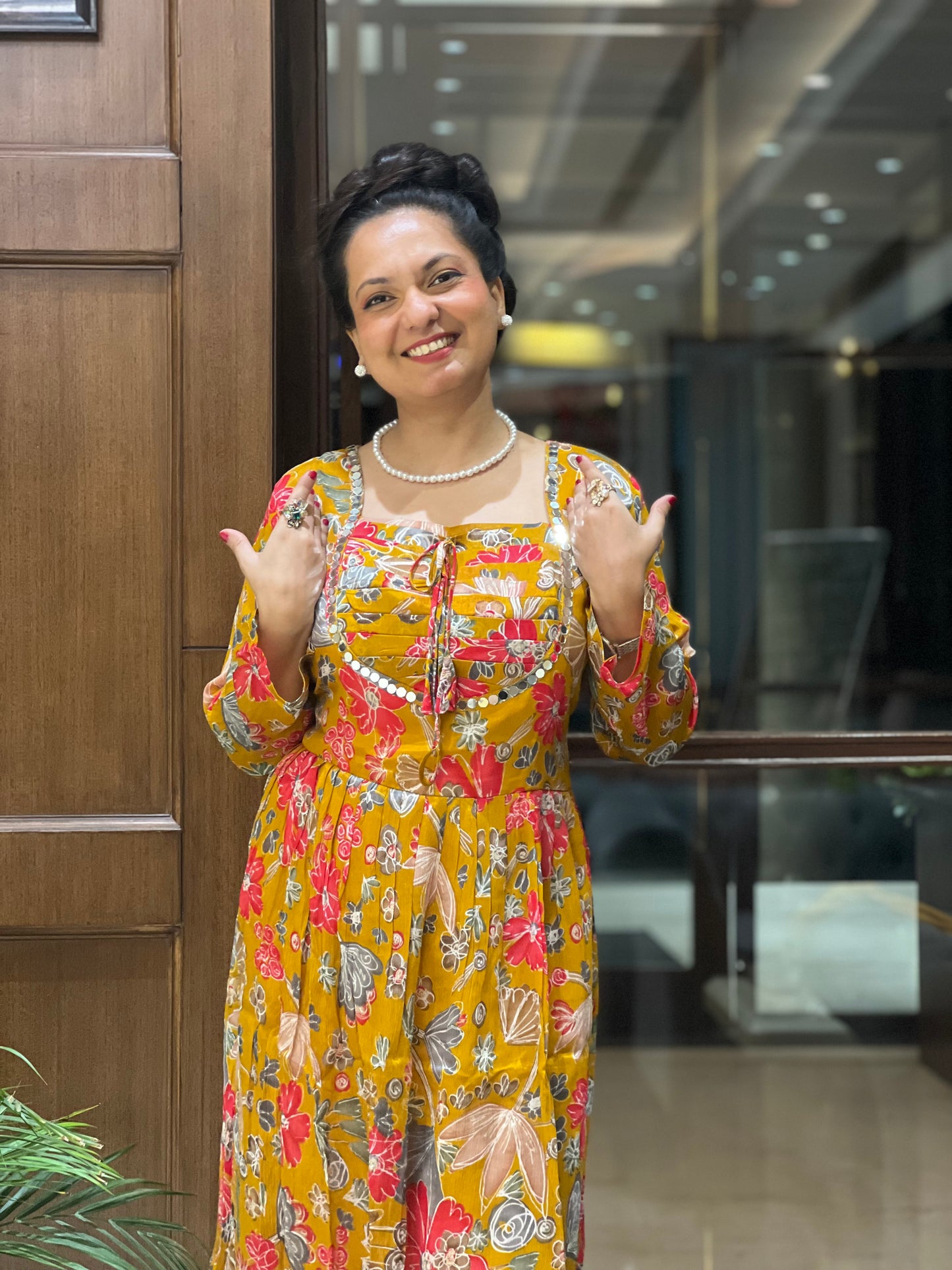 Mustard Floral Aaliya-Cut with Dupatta – Kamala Bloom Aaliya