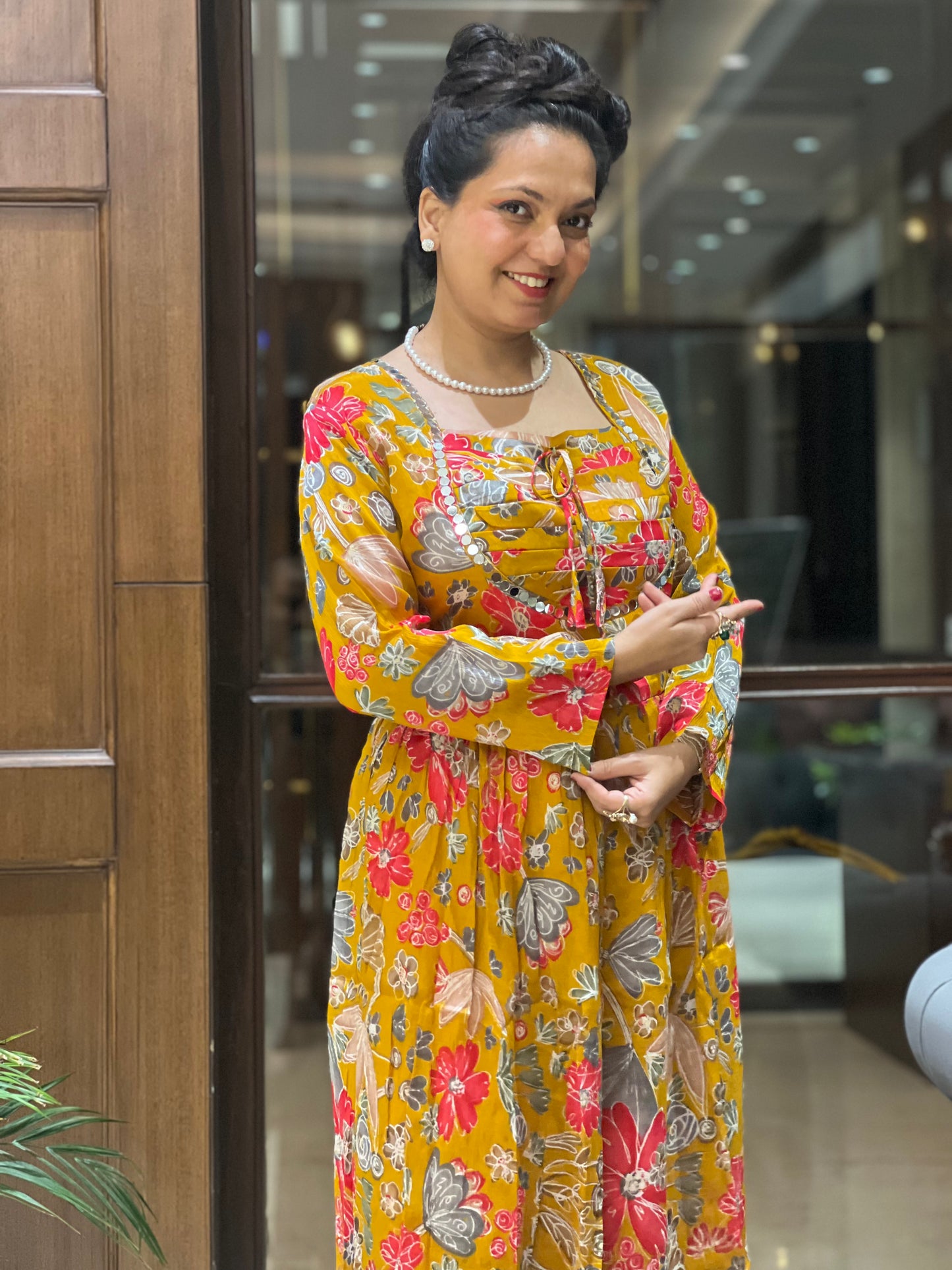Mustard Floral Aaliya-Cut with Dupatta – Kamala Bloom Aaliya