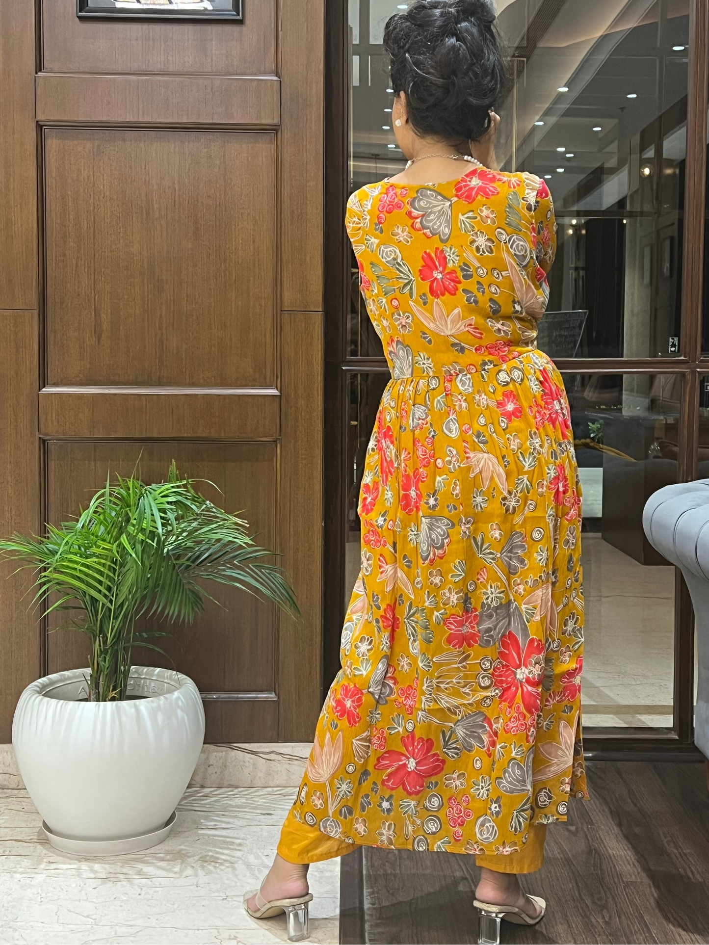 Mustard Floral Aaliya-Cut with Dupatta – Kamala Bloom Aaliya