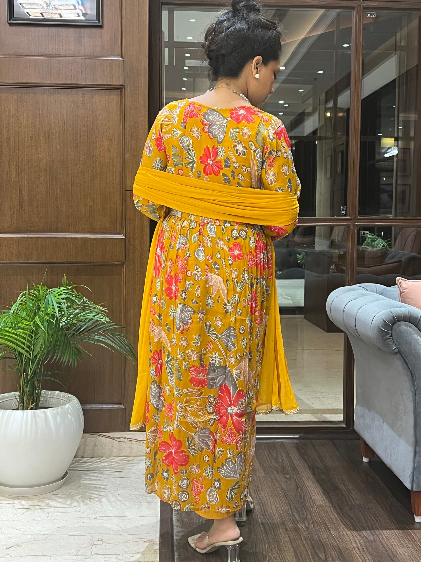 Mustard Floral Aaliya-Cut with Dupatta – Kamala Bloom Aaliya