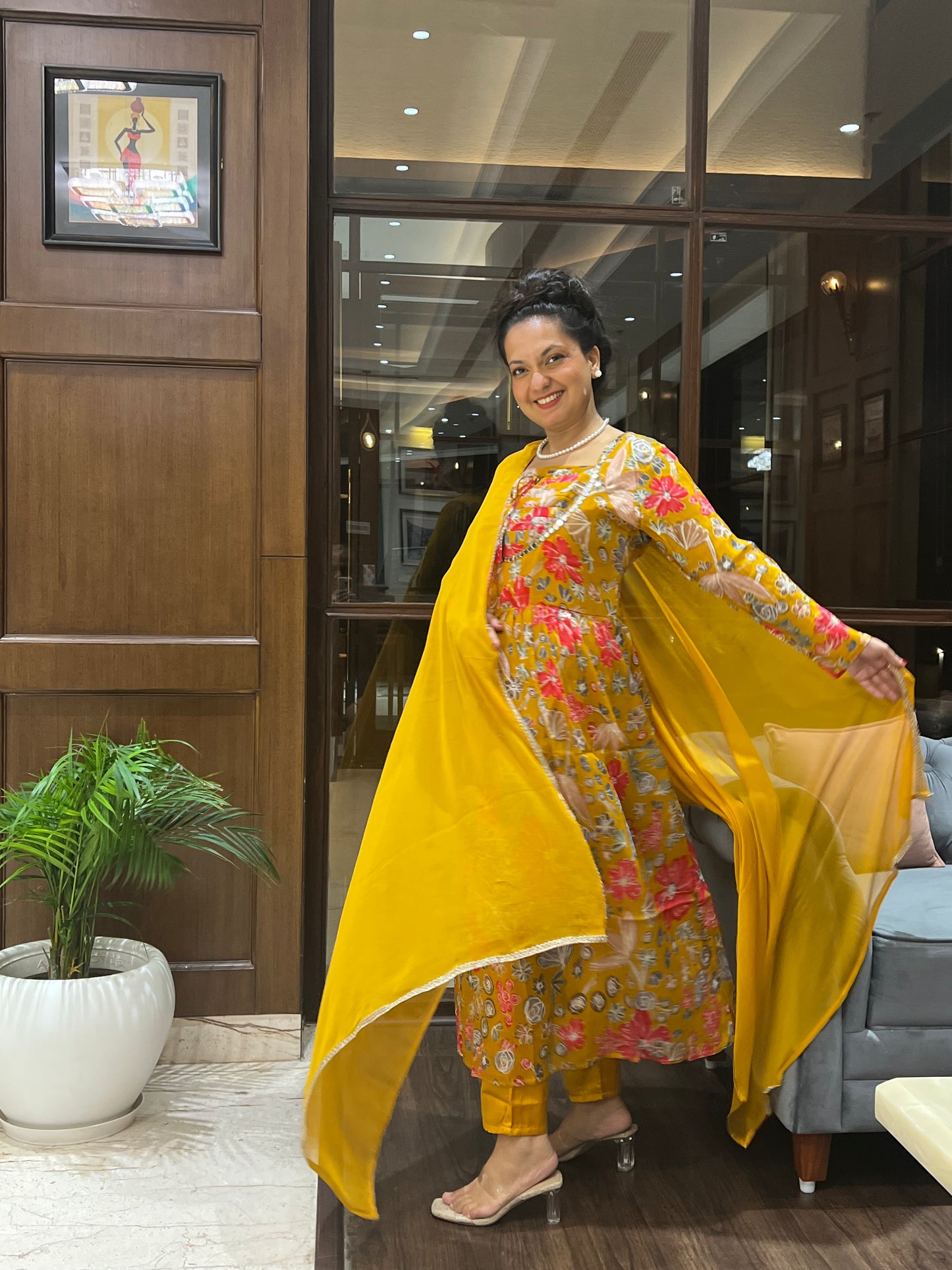 Mustard Floral Aaliya-Cut with Dupatta – Kamala Bloom Aaliya
