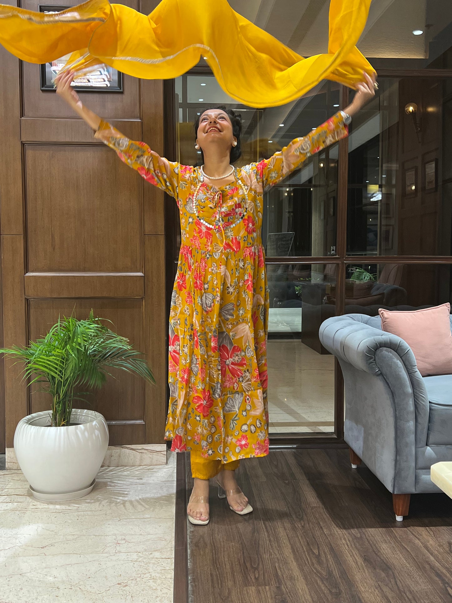 Mustard Floral Aaliya-Cut with Dupatta – Kamala Bloom Aaliya